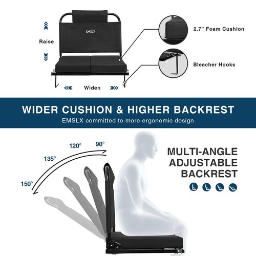 EMSLX Stadium Seats with Back Support Bleacher Chairs with Back and Cushion, Bleacher Seat with Adjustable Backrest and Portable Folding Cushion for Sports Events
