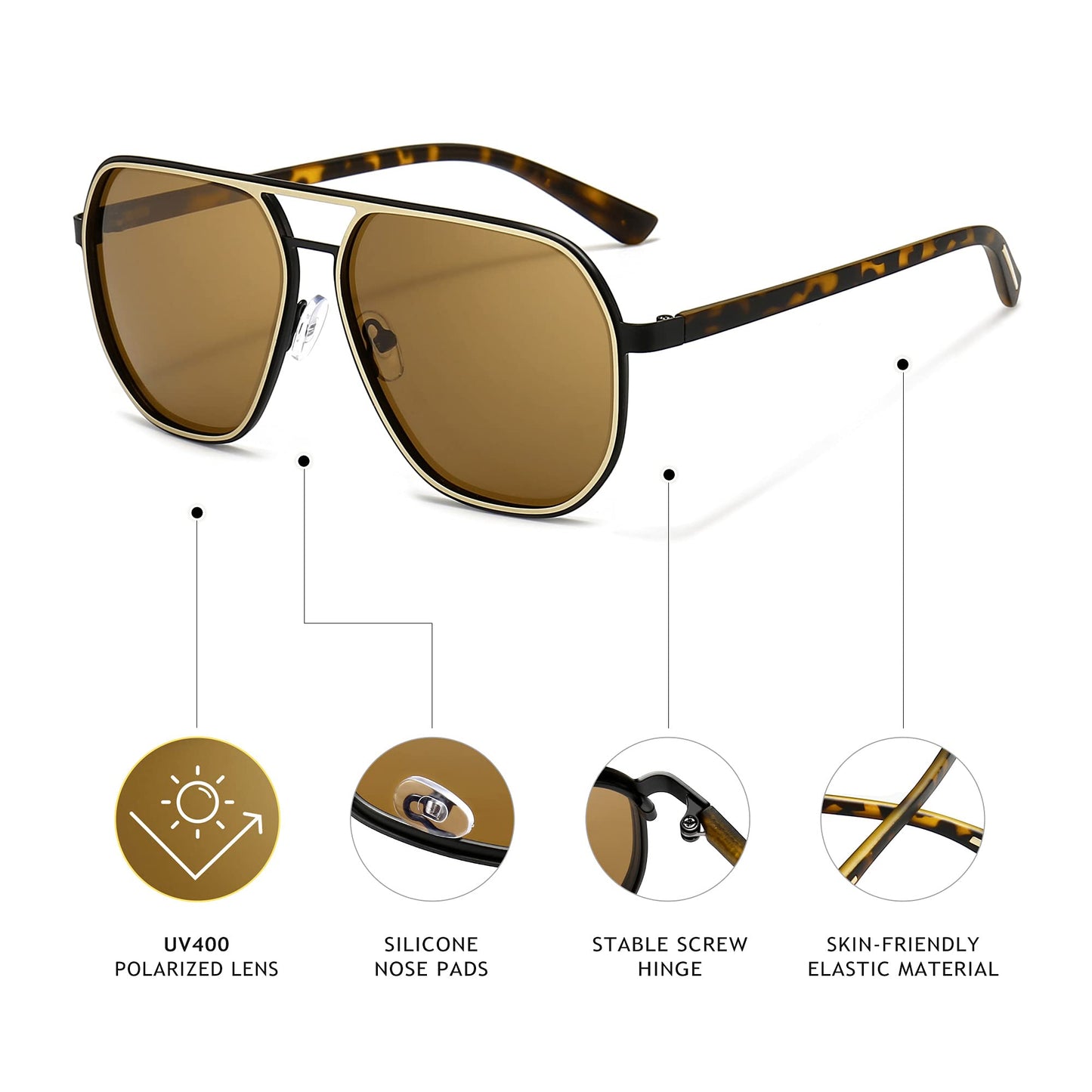 SUNGAIT Polygon Aviator Sunglasses for Men Polarized Trendy Square Sun Glasses Retro Pilot Shades UV Protection