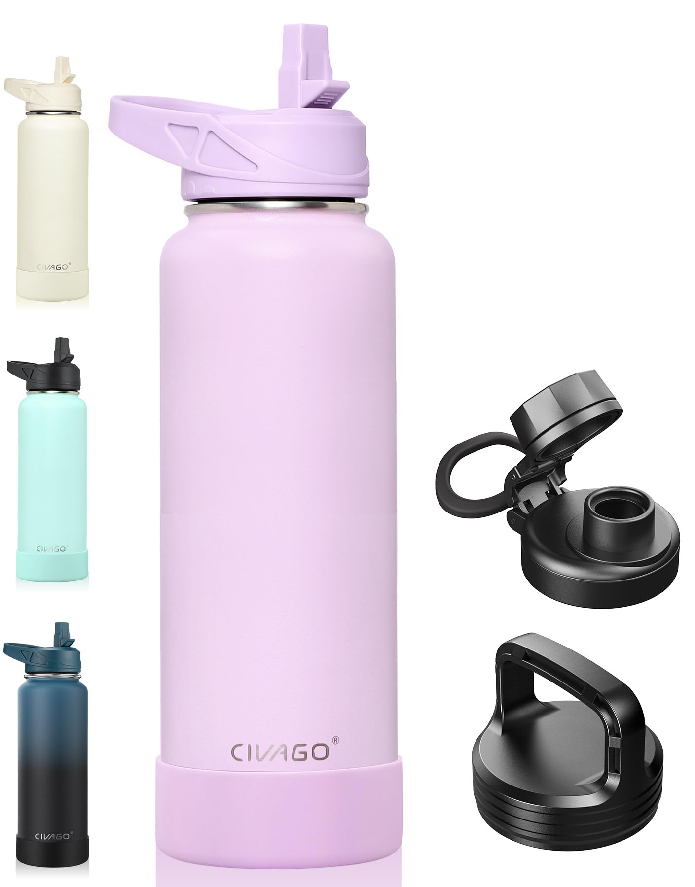CIVAGO 40 oz Insulated Water Bottle With Straw, Stainless Steel Sports Water Flask Cup with 3 Lids (Straw, Spout and Handle Lid), Double Walled Travel Thermal Canteen Mug, Lavender