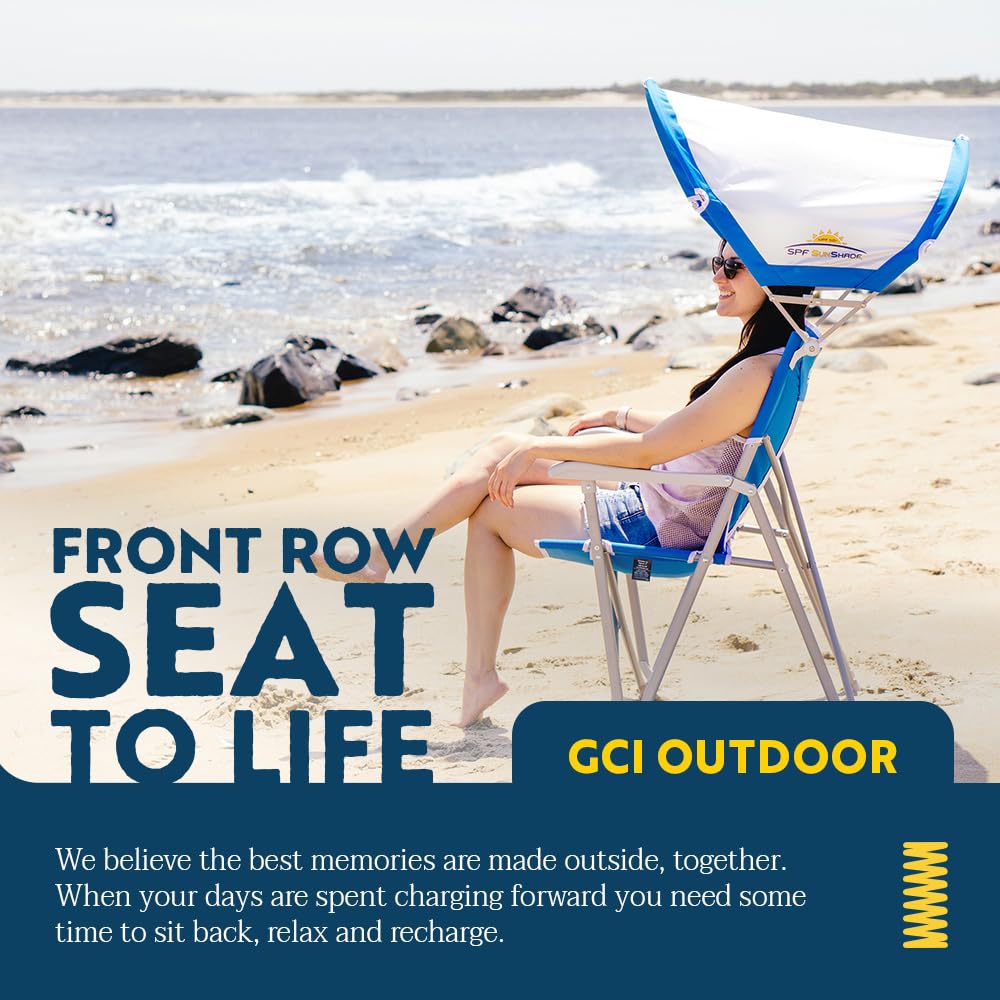 GCI Outdoor Sunshade Captain's Chair | Collapsible Folding Canopy Shade Chair with Durable Armrests, Drink Holder & Portable Carry Bag, Perfect for Beach Trips & Picnics — Saybrook Blue