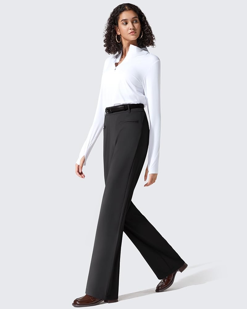 G4Free ShiftReady Women’s Work Pants with Pockets - Straight Leg Trousers, Black, Petite Medium