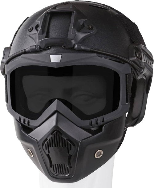 Airsoft Helmet and Full Face Mask, PJ Fast Helmet, Removable Anti-Fog Goggles, Suitable for Paintball, Role-Playing, CS Games