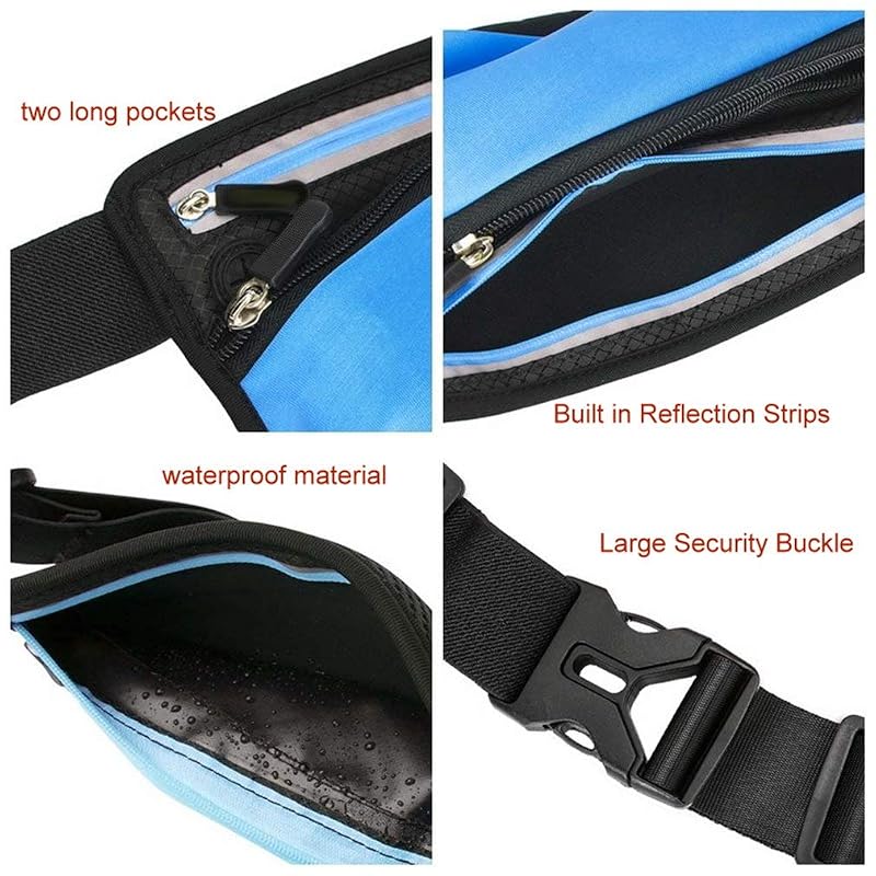 DR. HEALTH Running Belt Sport Waist Pack with Water Bottle Holder - Reflective Strips, 25-48 inch, BLACK/Light BLUE