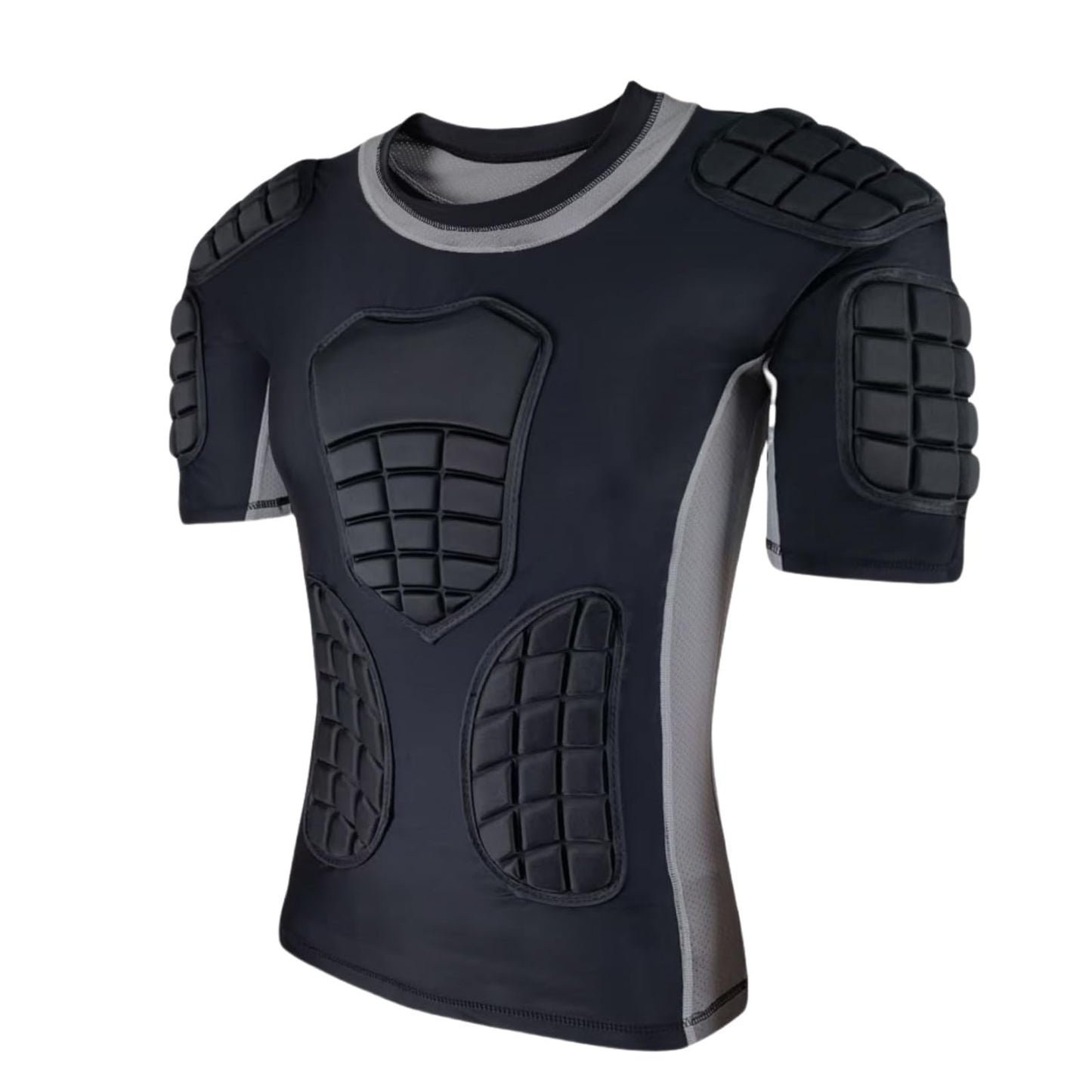 Topeter Mens Padded Protective Shirt, Impact Protector Undershirt with Rib, Chest, Shoulder & Back Pads for Football, Training, Contact Sports Gray S