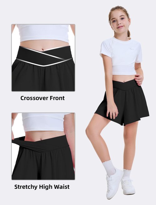FireSwan Girls Butterfly Shorts Crossover Athletic Shorts with Pockets 2 in 1 Flowy Running Skorts for Teen, Girls, Youth Black