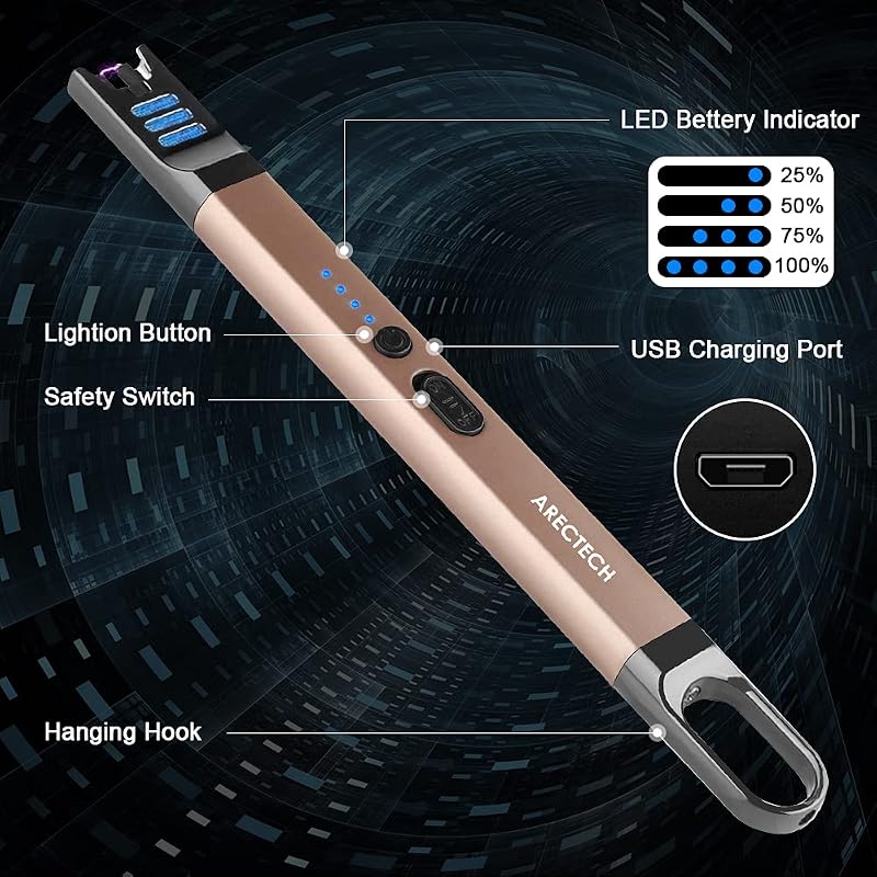 ARECTECH Gold Electric Candle Lighter, USB Rechargeable Long Neck Lighter for Candle, BBQ, Camping