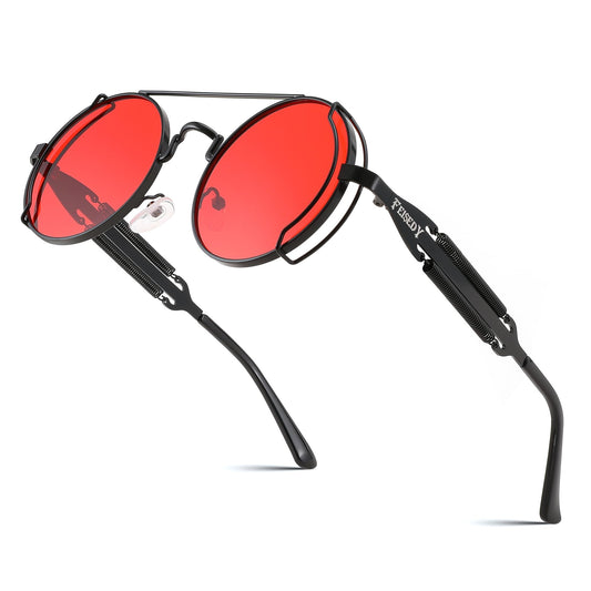 FEISEDY Sunglasses Steampunk Mens Women Aviators Retro Round Sunglasses Metal Frame Fishing Driving Hippie Glasses B2351