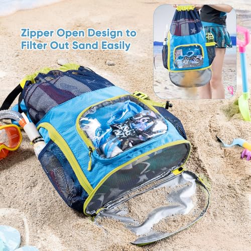 Neon Yellow & Blue Mesh Drawstring Swim Backpack with Shoe & Wet Pocket - Large Capacity