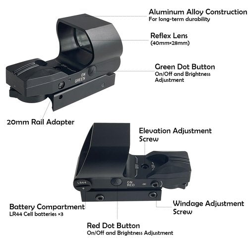 Socpuro 1x28x40mm Red Green Dot Reflex Sight with 9 Brightness Levels, 4 Adjustable Reticles Reflex Sight Scope with 20mm Rail Mount
