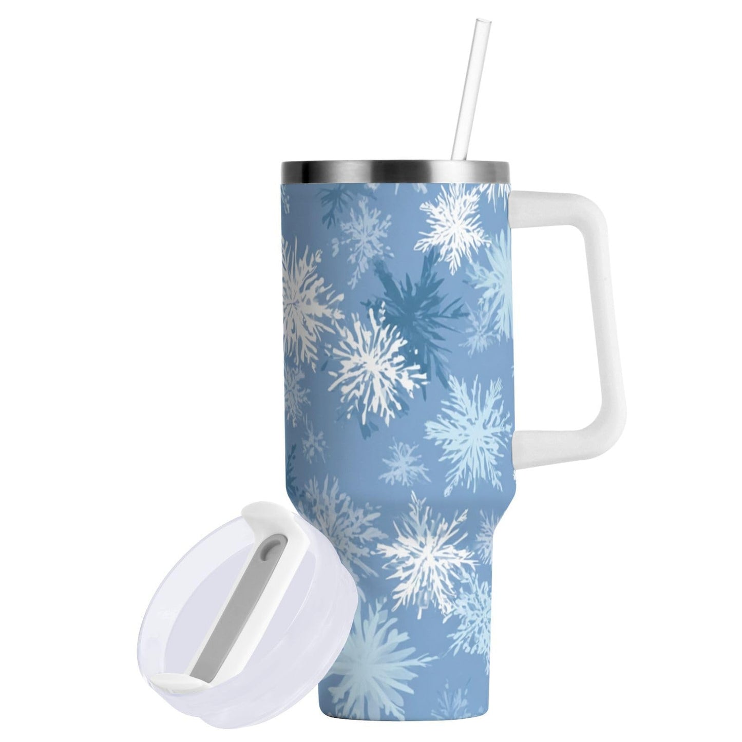 Boccsty Blue White Snowflakes Insulated Tumblers Winter Christmas Theme Reusable Stainless Steel Tumbler 30 oz Cup Coffee Travel Mug Water Bottle with Handle & Flip Straw for Home Office Car