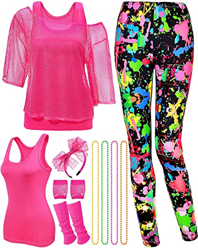 Women 80s Costume Set - Rose Red Splash Printed Outfit - Large
