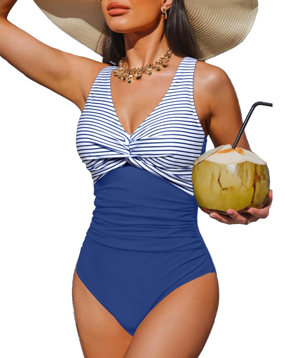 Holipick Blue Striped Women Tummy Control One Piece Swimsuit - Push Up Bathing Suit Full Coverage Slimming Swimwear L