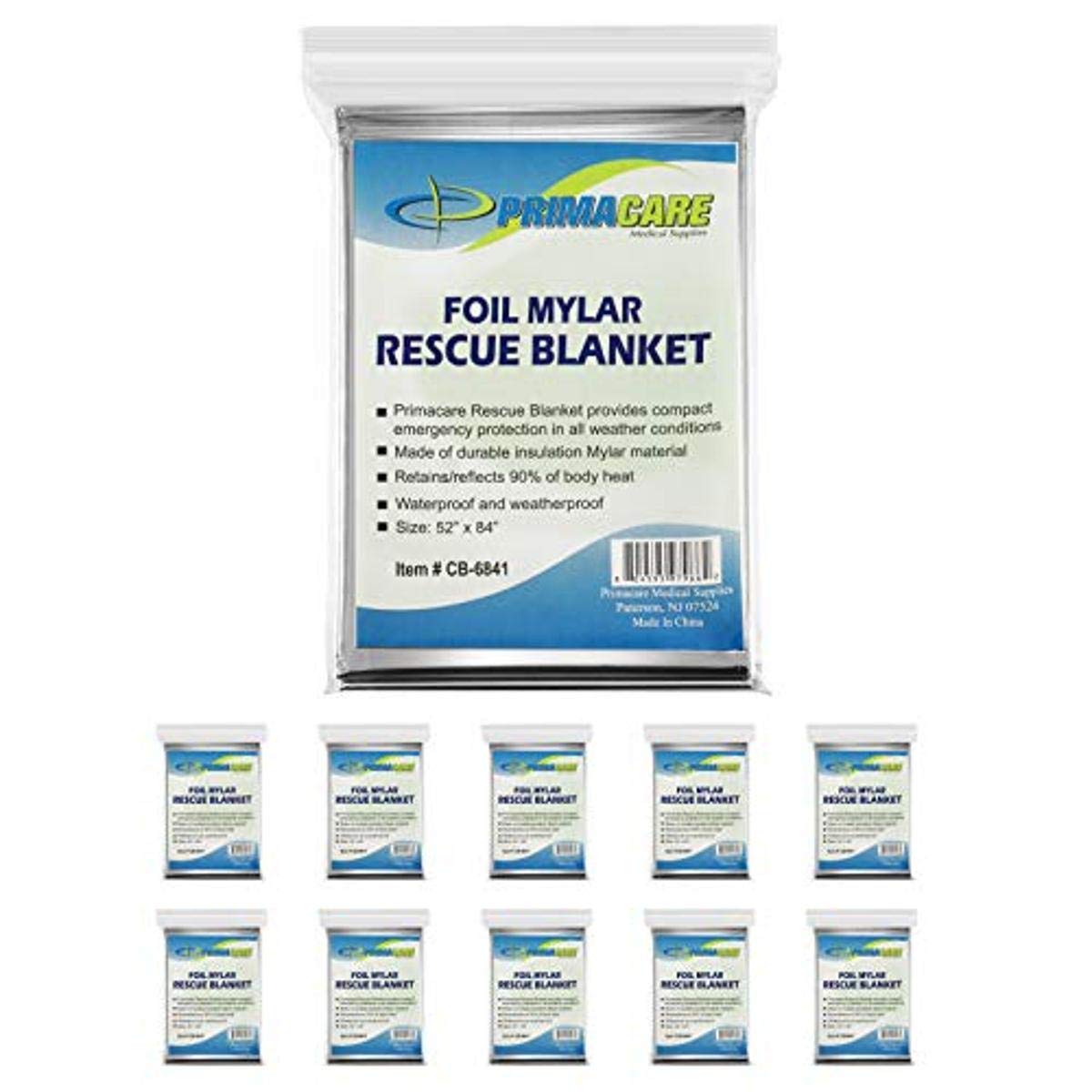 Primacare HB-10 Emergency Mylar Thermal Blankets – 10 Pack, 84" x 52", Silver – Reflective, Waterproof, Retains 90% Body Heat – for Survival, First Aid, Outdoors, Camping, EMS