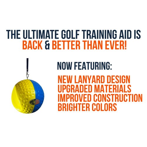 Impact Ball New & Improved, Patented Ultimate Golf Training Aid, Swing Practice Tool with Lanyard, Premium Golf Swing Trainer (Large - Blue/Yellow)