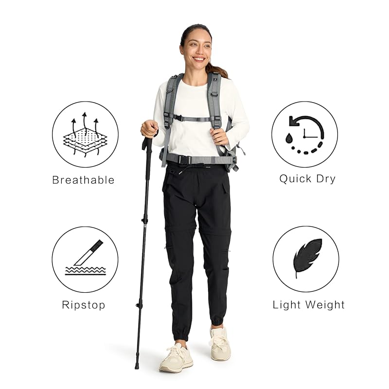 Smawell Convertible Hiking Pants - Lightweight Water-Resistant Joggers with 4 Pockets, Black, Medium