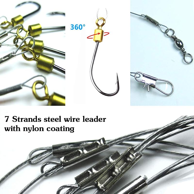 3-Pack 7-Strand Steel Wire Leader Rig with Swivels, Beads & Hooks - 22.8in Main Line, 14#