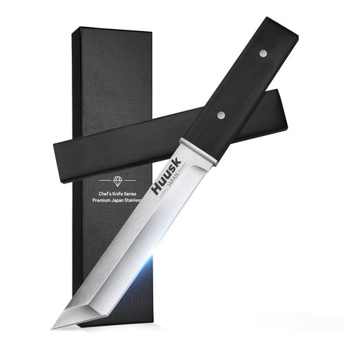 Huusk Japanese Fixed Blade Knife - Tanto Samurai Knife with Sheath - Full Tang Survival Knives with Wood Handle - Bushcraft knives for Outdoor Camping BBQ, Gifts for Men