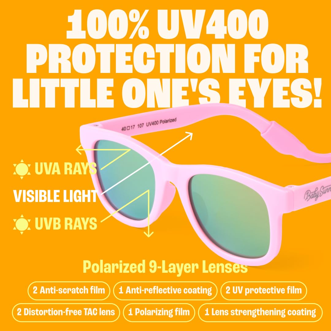 BABY SUNNIES Polarized Baby Sunglasses with Strap - Unbreakable Flexible Infant Sunglasses for Toddlers & Newborns 0-24 Months - Pink - Baby Beach Essentials - Infant Travel Essentials