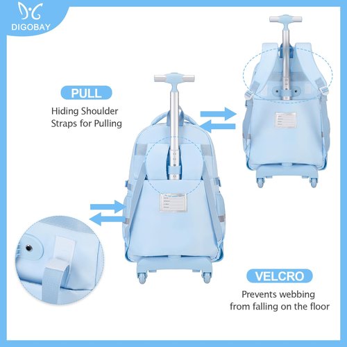 DIGOBAY Rolling Backpack for Girls, Roller School Bag with Wheels, Wheeled Backpacks with Lunch Bag Pencil case for Elementary School Bookbags with Cute Pins Blue