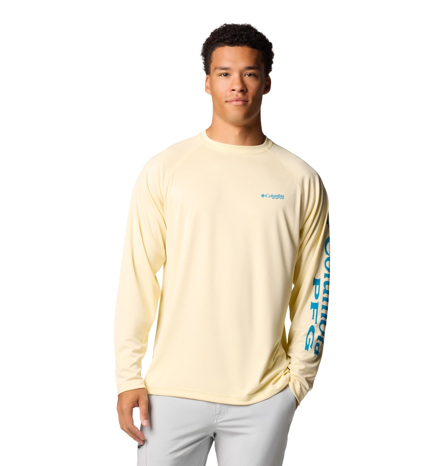 Columbia Men's PFG Terminal Tackle Long Sleeve Fishing Shirt, Lemon Wash/Blue Echo Logo, 3X