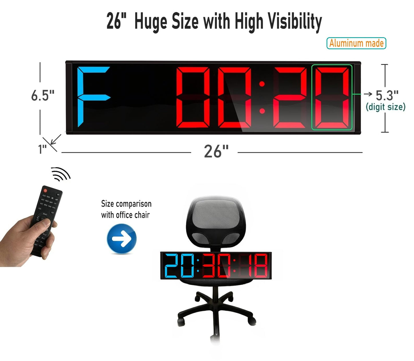 ETEBRG 26'' Huge Home Gym Interval Workout Timers, Digital Wall Clock, with Countdown, Stopwatch, 7-Color Light, 8-Alarms, Calendar/Temperature Display, for HIIT/Tabata/FGB/EMOM (Blue & Red)