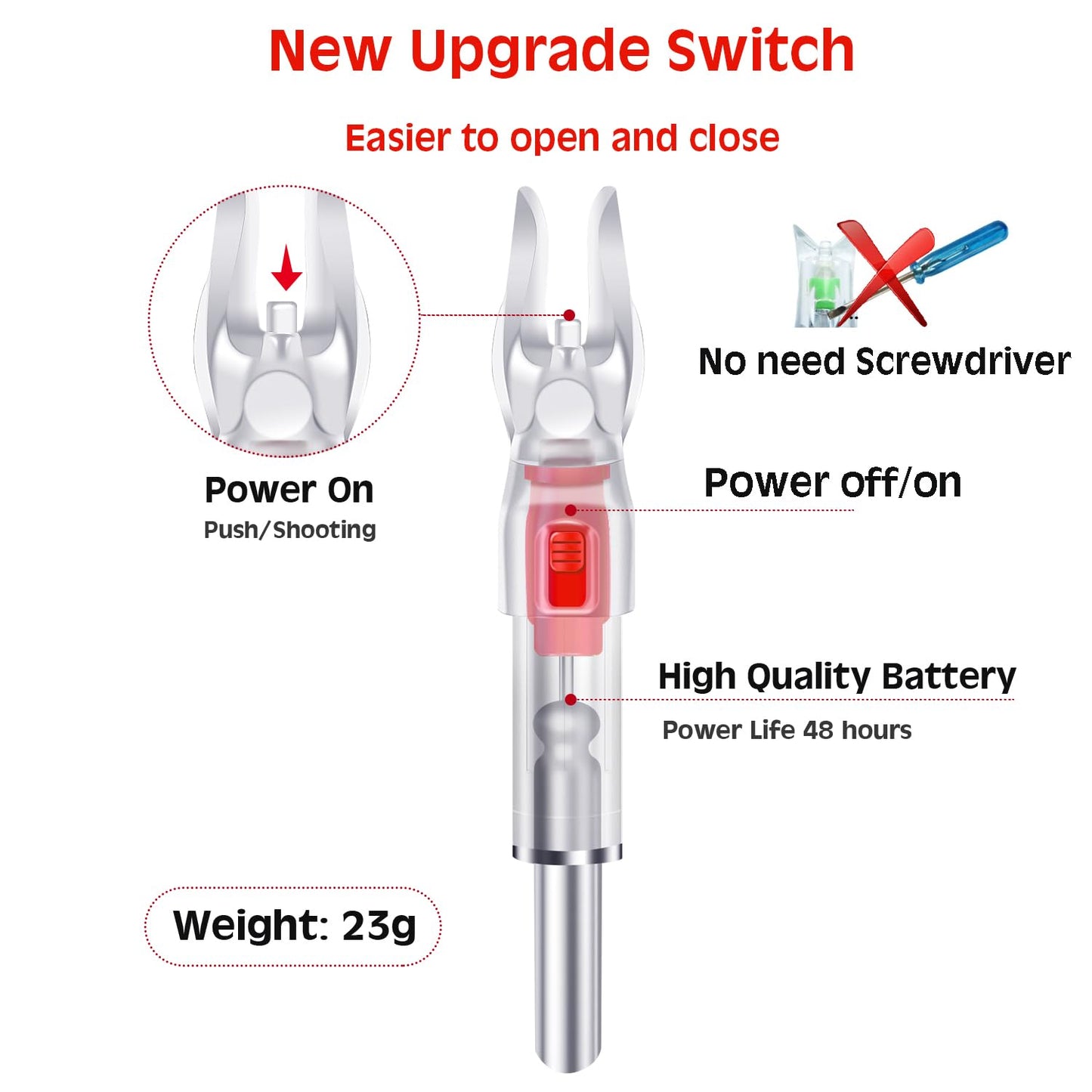 DZHONGD Lighted Nocks for Arrows with .166/G, .204/X, .233/H, .244/S and .246/GT, Bowstring Activation,Archery Lighted nocks (6 Pack)