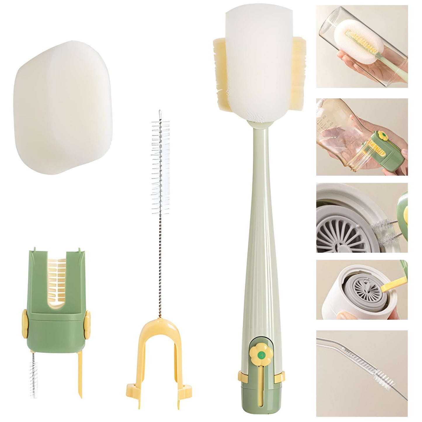 5 in 1 Bottle Cleaning Brush Set, 2025 Multifunctional Lid Brush Cleaning Tool Kitchen, Portable Long Handle Bottles Scrubber for Cup Lids, Hard Bristle Sponge Head Bottle Brushes (Green)