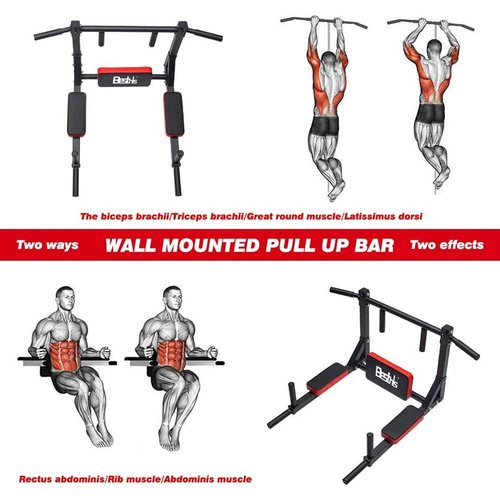 BESTHLS Wall Mounted Pull Up Bar and Dip Station, Heavy Duty Wall Mount Pull-up Chin Up Bar Multifunctional Home Gym Workout Indoor Exercise Equipment Support to 440 Lbs