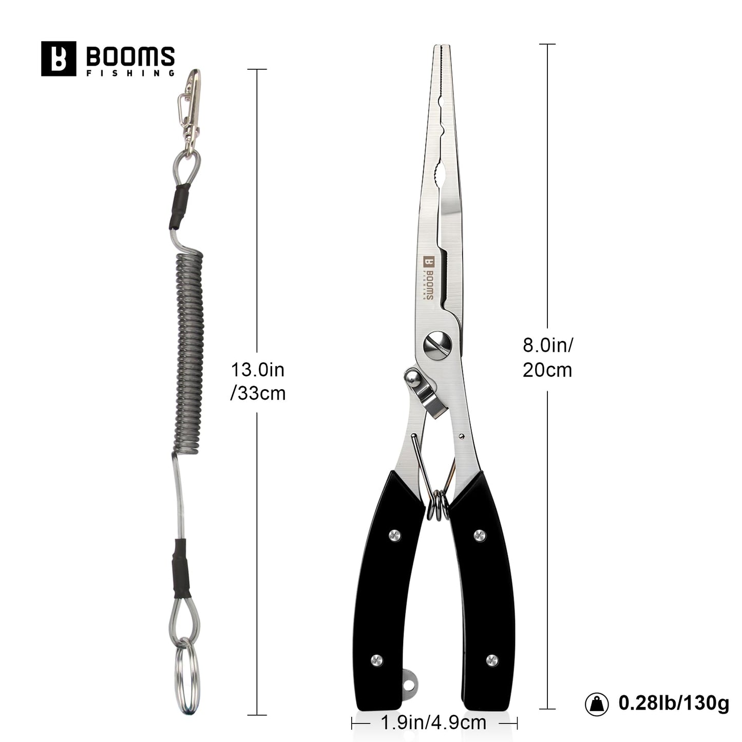 Booms Fishing Pliers Hook Remover: 8" Long Nose Fish Pliers Stainless Steel for Saltwater - Braid Line Cutters with Coiled Lanyard and Safety Lock Design, Multi-Function Fishing Tool For Men, H06