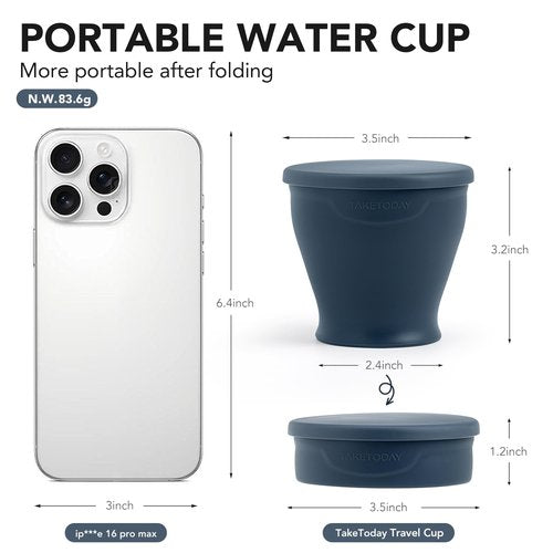 Collapsible Travel Cup - Silicone Foldable Water Cup, BPA-Free with Lid & Waterproof Bag - Drinking Cup Set for Camping, Outdoors & International Travel（8 Oz, Navy）