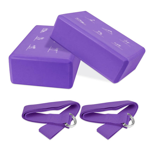 IBEQUEM Yoga Block and Yoga Strap Set, 2 Soft Non-Slip Yoga Blocks 9×6×3 inches, 6FT Metal D-Ring Strap for Yoga, General Fitness, Pilates, Stretching and Toning, Purple