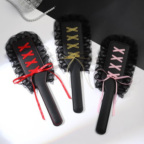 WOMLIGERI Leather Lace Horse Riding Crop Faux Leather Paddle 13'' Horse Training Paddle Ribbon Lace Decorated for Sports Training (Pink)