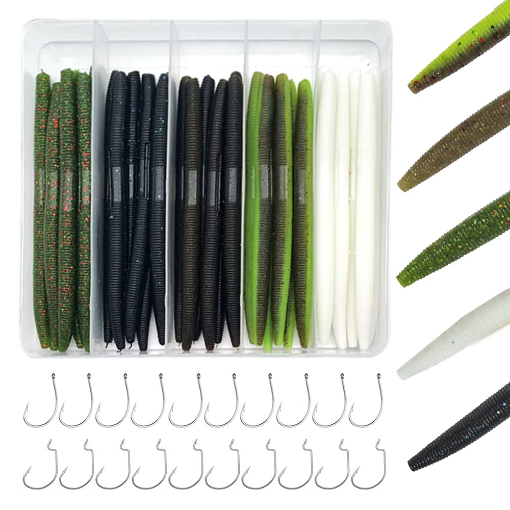 SANTKOL Senko Wacky Worms - Soft Plastic Lures, 30pcs Rubber Worms, 4-5 inches for Bass Freshwater & Saltwater Fishing