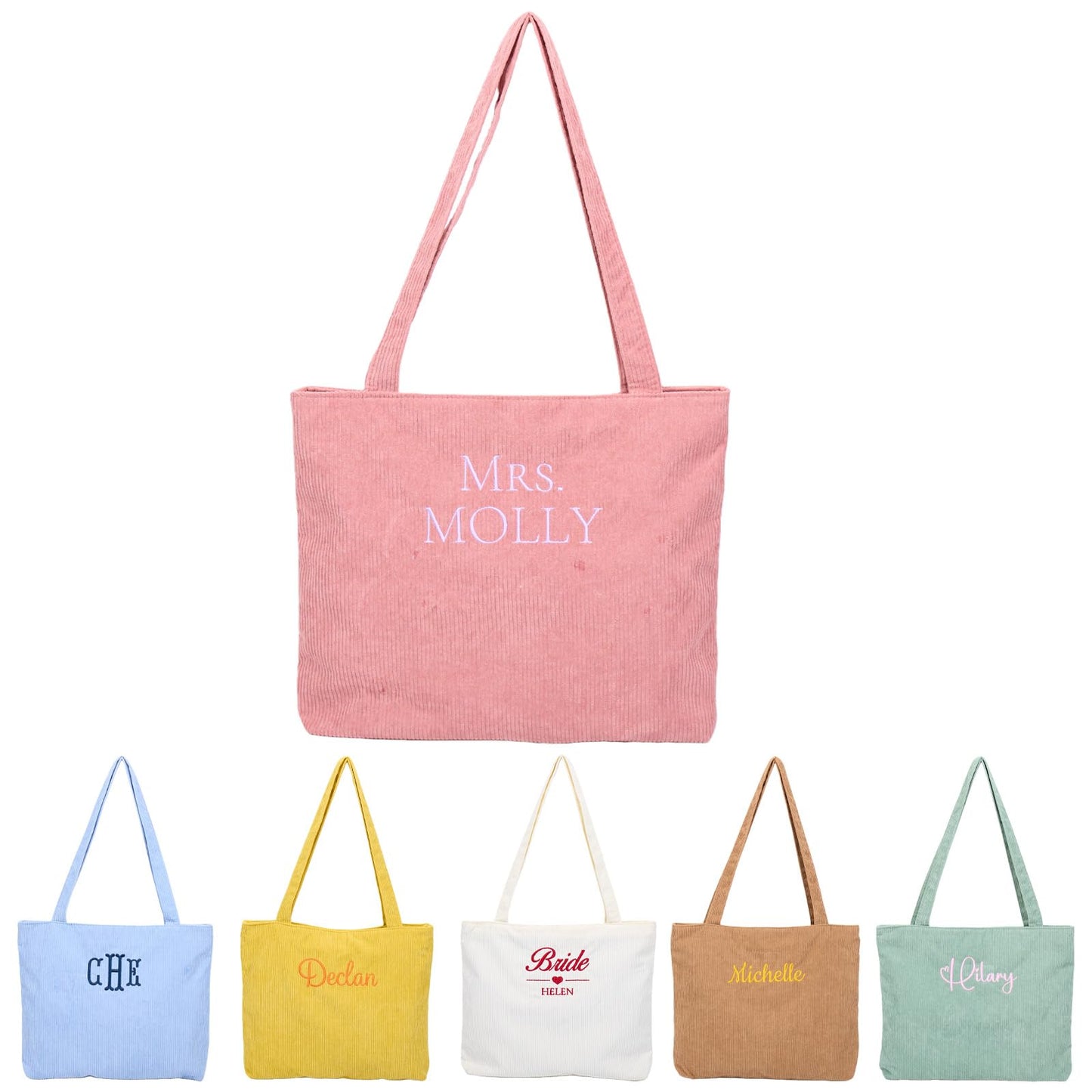 Corduroy Tote Bag for Women, Initial Tote Bag, Personalized Zipper Shoulder Bags Embroidered with Letter, Monogrammed Travel Handbags, Gift for Birthday, Bachelorette, Wedding Faver（Pink