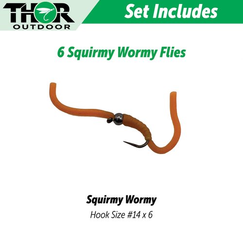 Thor Outdoor 6 Pc Squirmy Wormy Set, Tan Size #14 - Barbless Wet Worm Fly Fishing Flies for Trout, Panfish, Bass