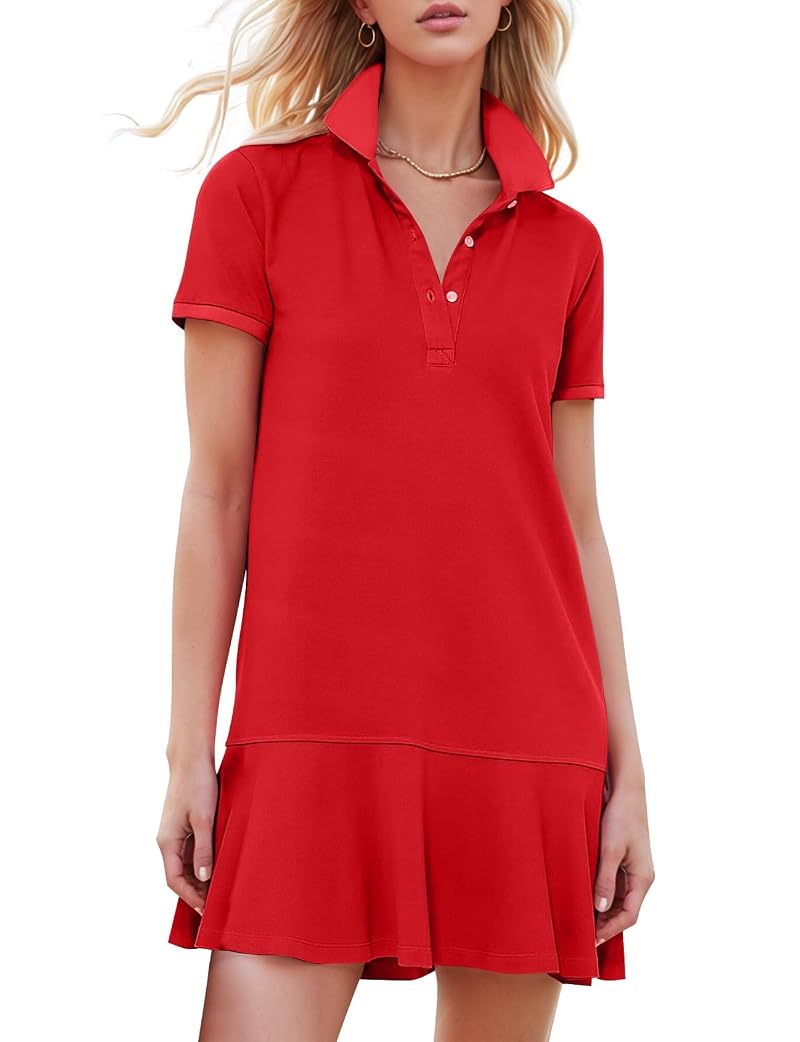 Women's Polo Dress Casual Summer Golf Tennis Mini Shirt Dress - Red, Small