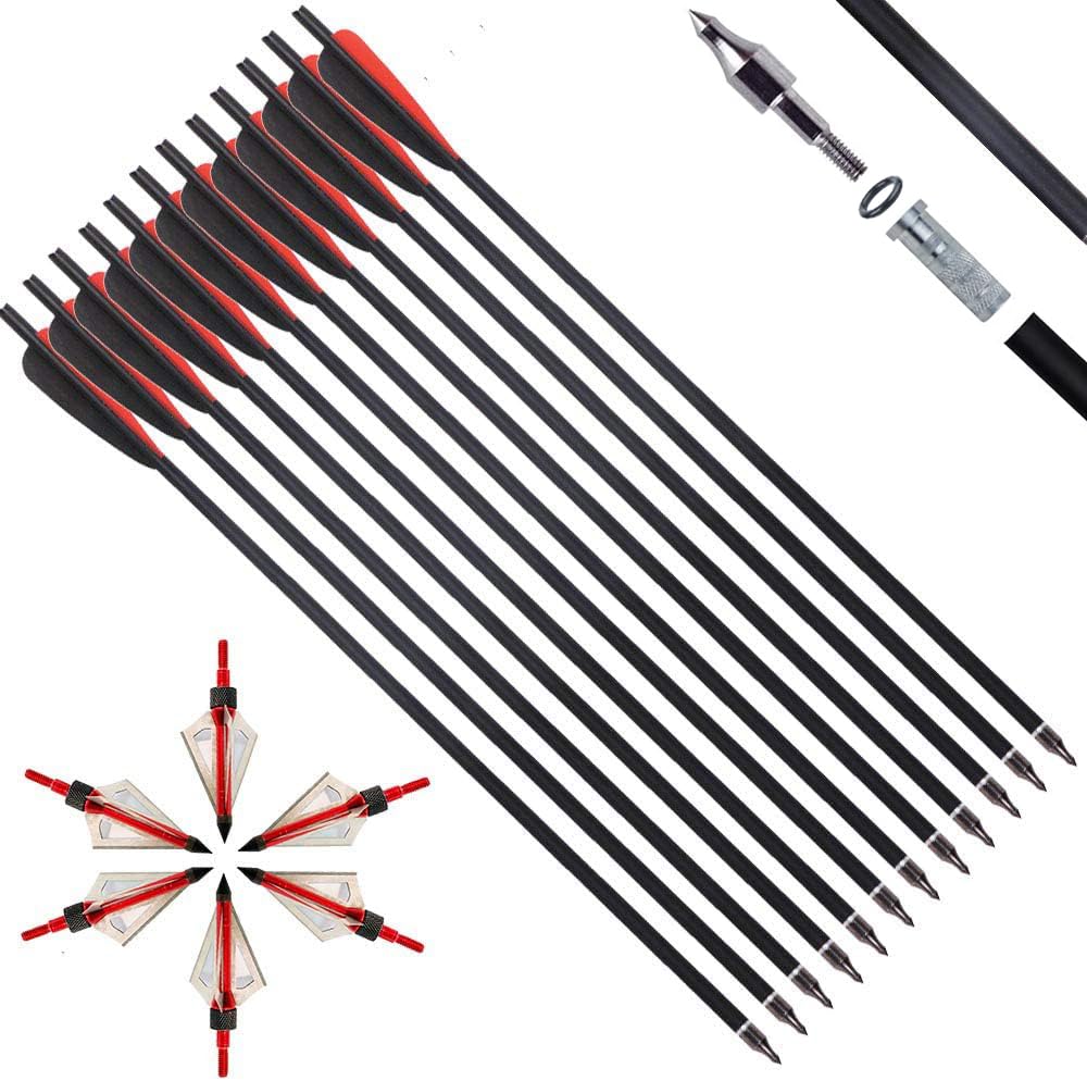 IRQ 20 Inch Crossbow Bolts and Crossbow Broadheads Set, Carbon Crossbow Arrows for Hunting and Outdoor Practice, 12 Red Arrows, 6 Broadheads(18 Pack)(Black and red)