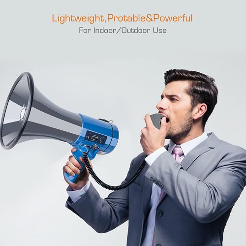 Professional 50 Watt Large Megaphone Bullhorn with Detachable Microphone, USB/SD/MMC reader, AUX Input, recording and Siren - Perfect for Indoor/Outdoor Sporting Events and Crowd Control (Blue)