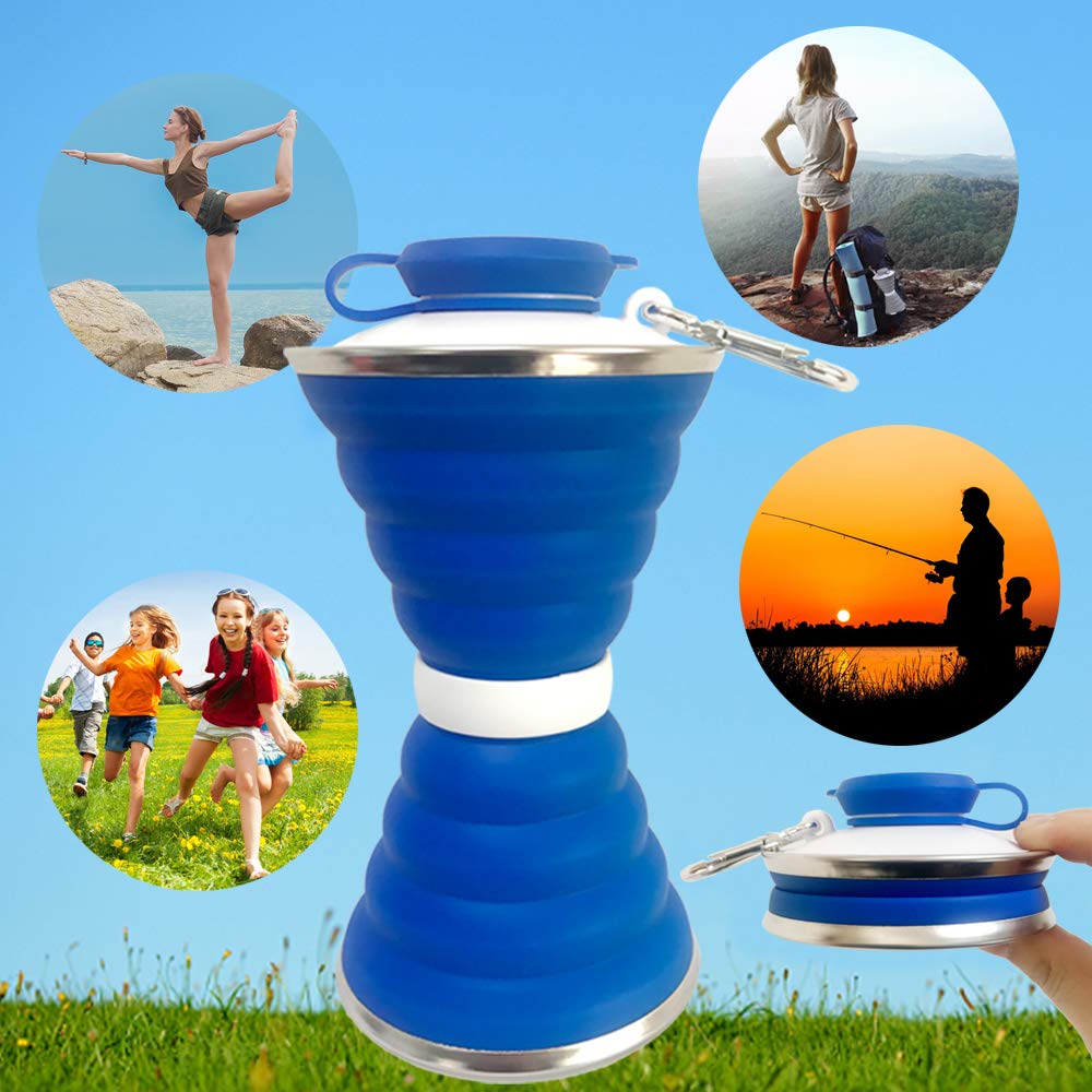 Collapsible Water Bottle, Camping Cup With Carabiner, Reuseable Silicone Foldable Leak Proof Portable Sports Travel Water Bottles For Outdoor, Travel Gym Hiking, BPA Free, Cycling Cups with Carabiner