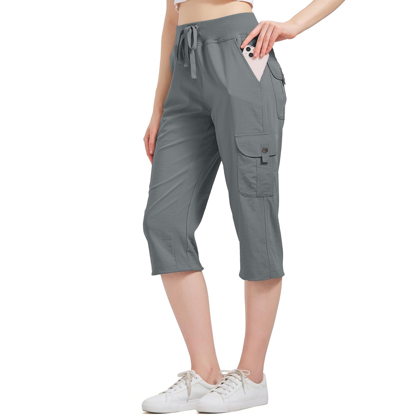 Toumett Women's Cargo Capris Hiking Pants Quick Dry Lightweight Athletic Outdoor Travel Loose Fit Casual Capris with Pockets(2032,Grey,L)