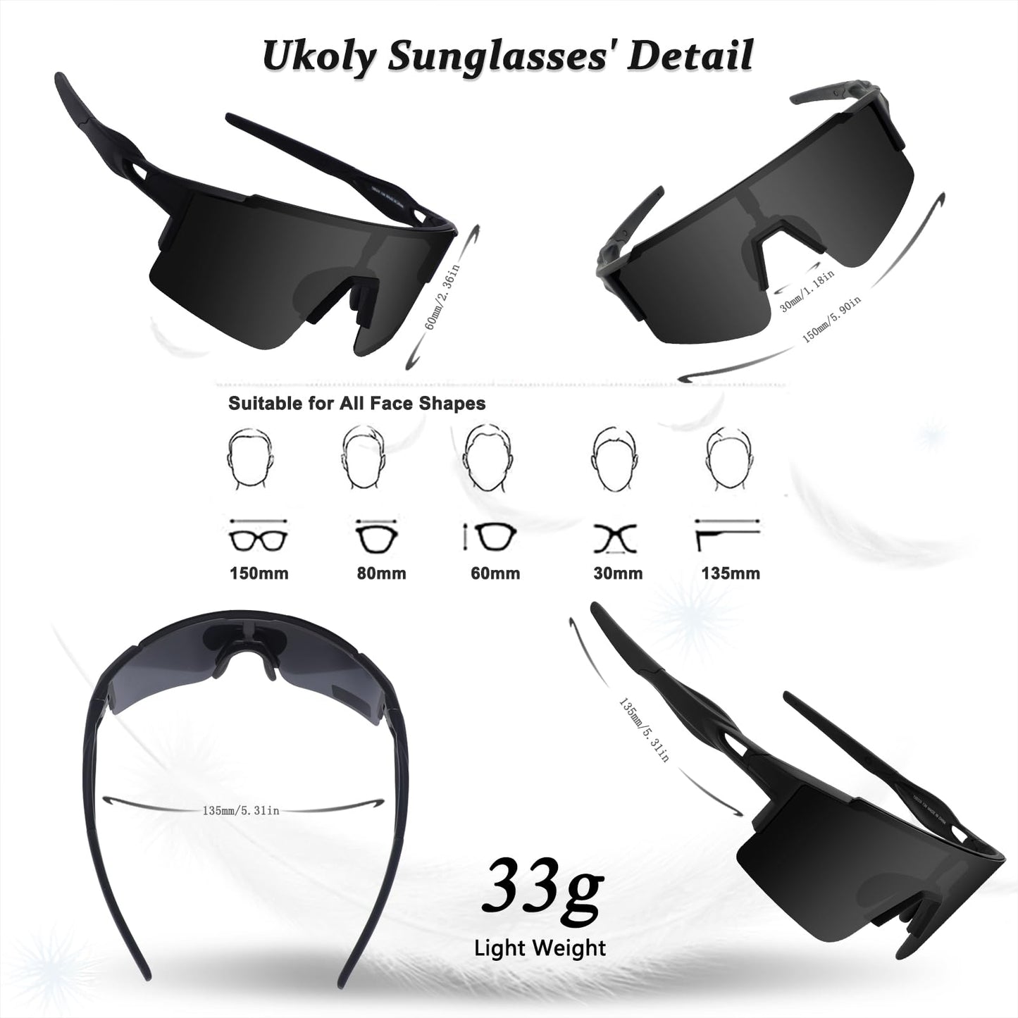 Ukoly Cycling Sunglasses for Men Women with 3 Interchangeable Lenses, Polarized Sports Sunglasses, Baseball glasses (GREY-1 Lens)
