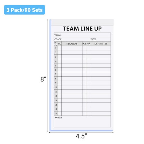 suituts 90 Sets Baseball/Softball Lineup Cards, 4 Part Carbonless, 16 Player Roster Line up Sheets for Coaches, Team, Sports (3 Pads, 4.5 x 8 Inch