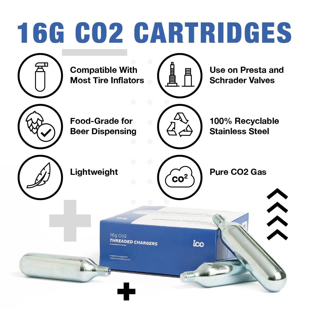 ICO 16g Co2 Cartridges (30 pack), Handheld, Alloy Steel, Food Grade, 100 psi, Automatic, Leak Proof, Two-year Guarantee, Ideal for Bike Tires & Beverage Devices