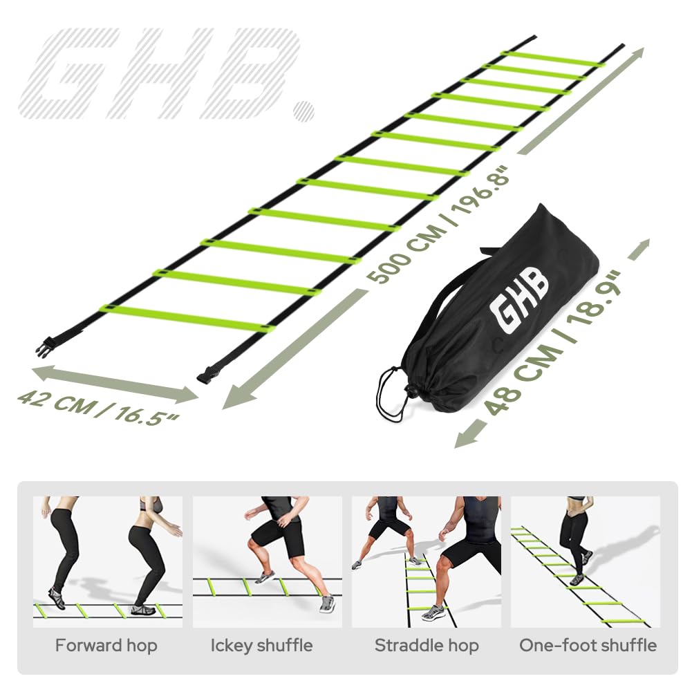 GHB Pro Agility Ladder 2 Pack Agility Training Ladder Speed 12 Rung 20ft with Carrying Bag (Green)