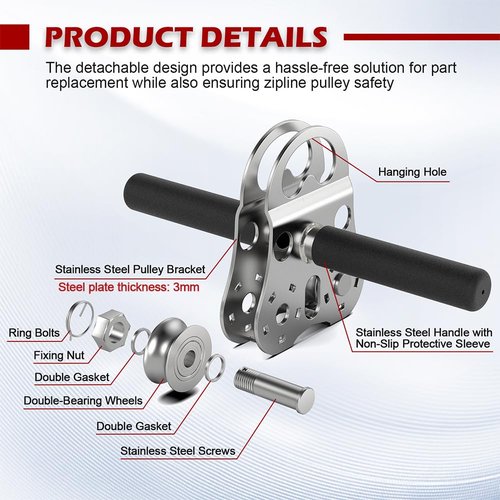 Fologtoo Zipline Pulley, Heavy Duty 304 Stainless Steel Zipline Trolley, Reinforced Safety Handle for Backyard Zipline, Hauling, Suitable for 1/4 to 1/2 Inch Steel Cable, 1100 lbs Working Load Limit