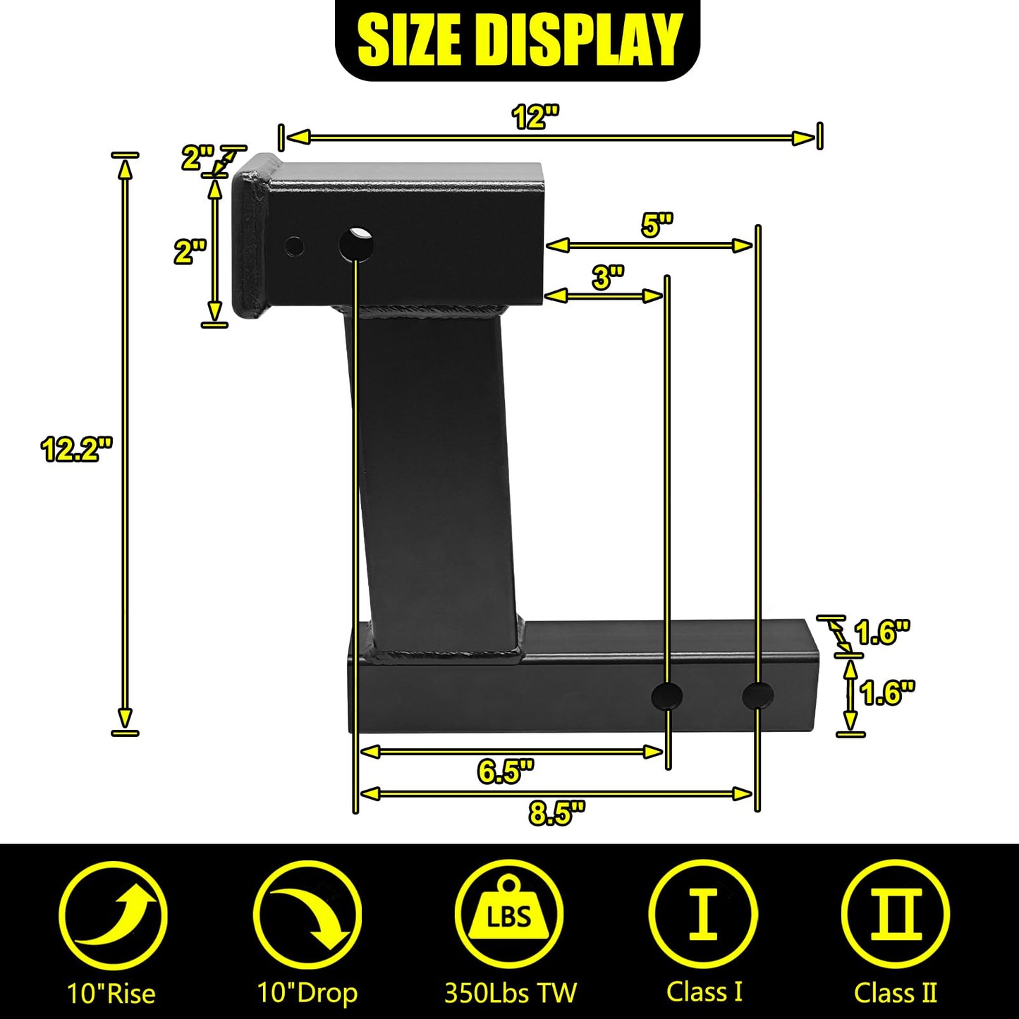 KAIRAY Trailer Receiver Hitch Riser Extender Adapter 10" Drop/Riser, 8" and 10" Extension Length, 2" Shank, 7500lbs Towing Capacity, Matte Black