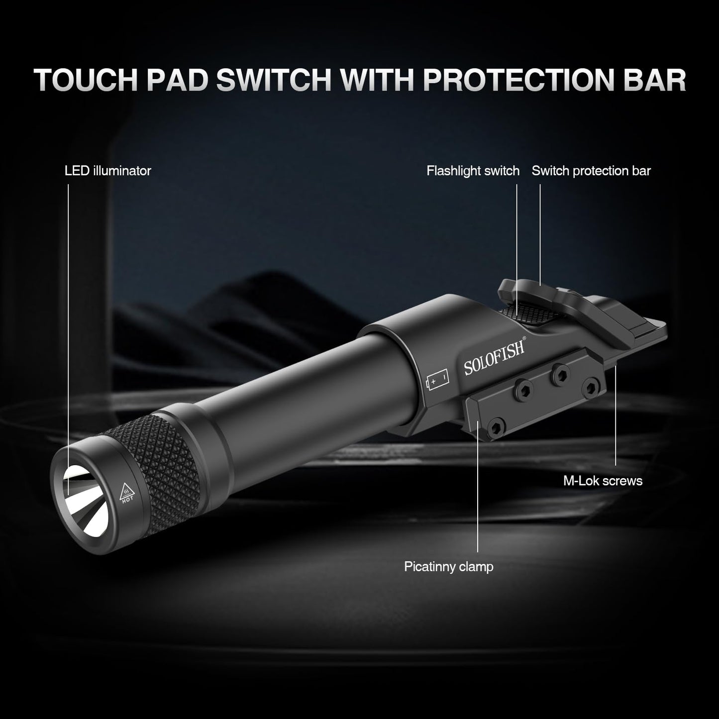 Solofish Aluminum 1450lm Flashlight is Compatible Picatinny/Mlok Rail