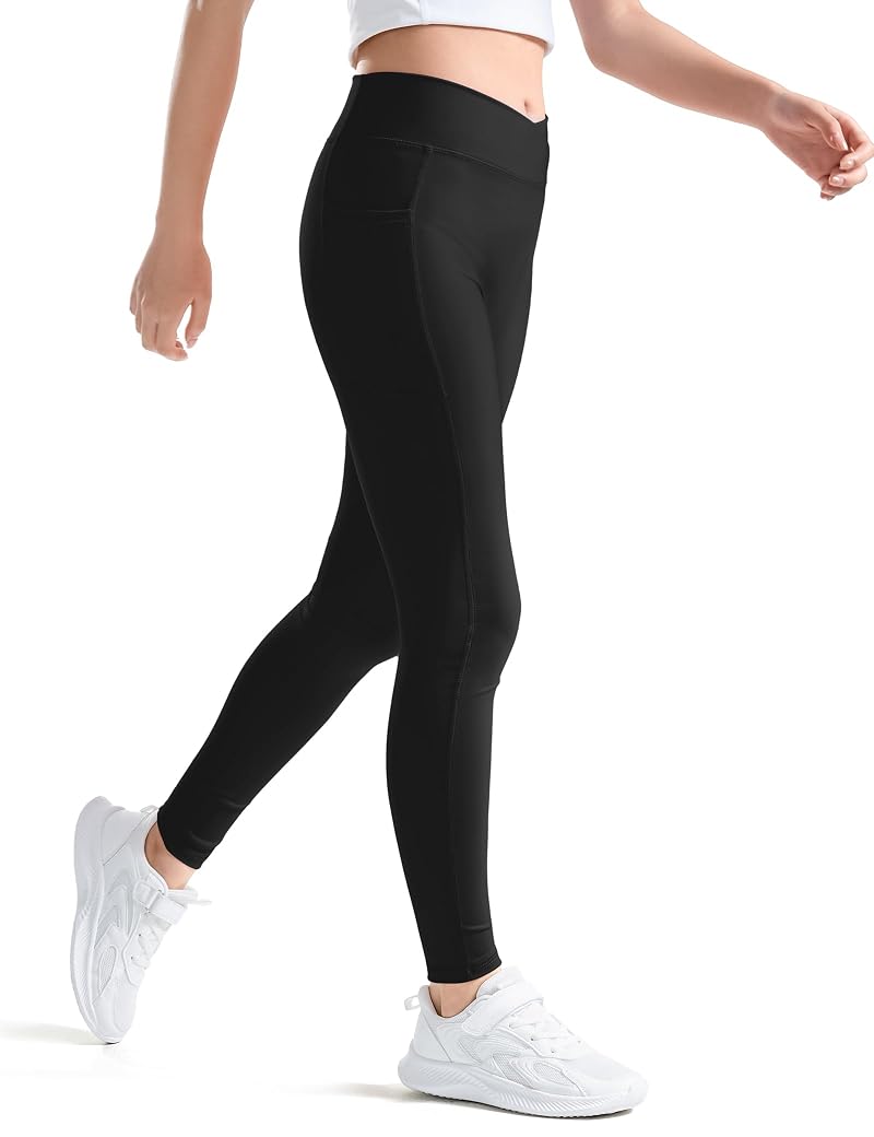 High Waist Girls Athletic Leggings with Pockets - Black, 11-12 Years
