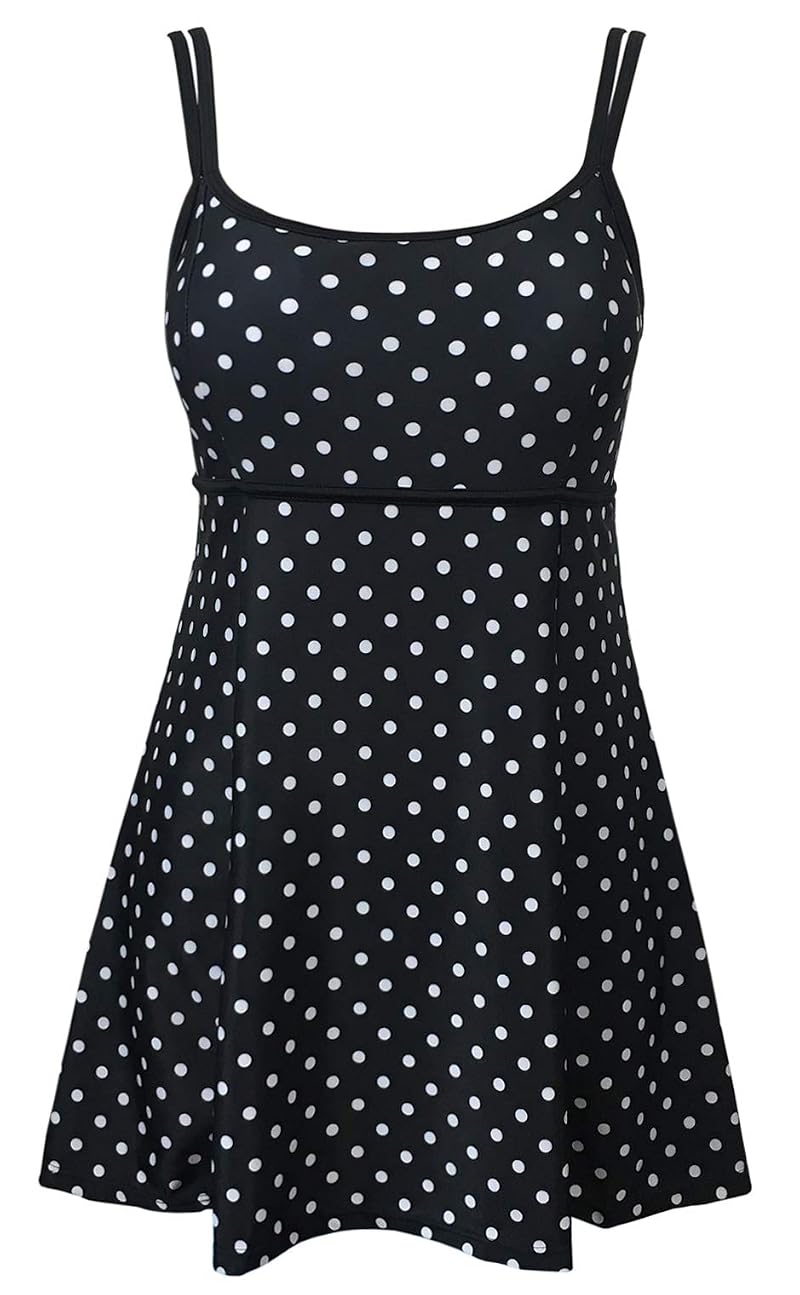 Plus Size Swim Dress One Piece Swimsuit with Skirt - Black Dot Variation