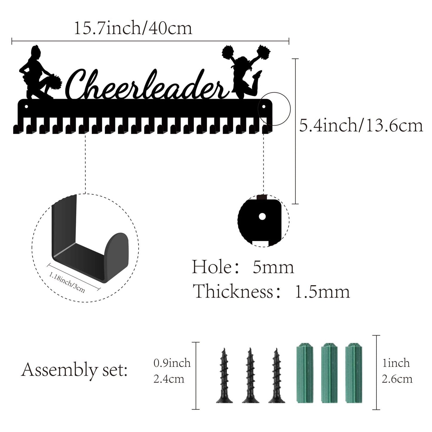 CREATCABIN Cheerleader Medal Holder Display Hanger Rack Sports Metal Wall Mount with 20 Hooks Hang Over 60 Medals Runners Home Badge Running Marathon Gymnastics Black 15.7 x 5.4inch